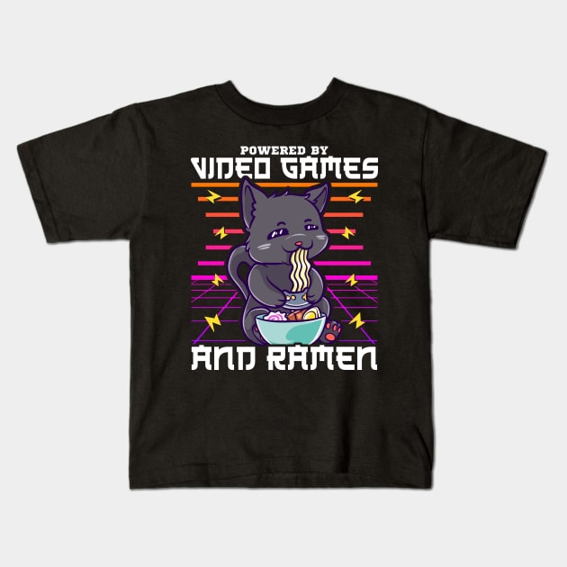Powered By Video Games & Ramen Anime Cat Kids T-Shirt by theperfectpresents